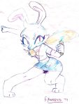  2019 3_toes anthro bottomwear bra clothed clothing female fully_clothed head_tuft hi_res jill_hopkins lagomorph leporid mammal melee_weapon miniskirt nunchaku rabbit shirt skirt solo toes topwear torn_clothing underwear weapon yvngbird 