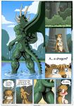  2015 anthro biceps blush butt canid canine claws clothing comic detailed_background dialogue dragon duo english_text farin forest fox geminisaint hi_res hiding horn loincloth male mammal membrane_(anatomy) membranous_wings muscular nature nude partially_submerged rear_view river scalie sekk&#039;ral spines text tree tribal vein water wet wide_eyed wings 