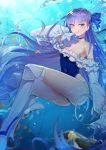  1girl ass bangs bare_shoulders bird blue_eyes blue_ribbon blue_swimsuit blush breasts choker closed_mouth covered_navel fate/grand_order fate_(series) fish frills greaves hair_between_eyes hair_ribbon highleg highleg_swimsuit highres kaer_sasi_dianxia licking_lips long_hair long_sleeves looking_at_viewer meltryllis meltryllis_(swimsuit_lancer)_(fate) one-piece_swimsuit penguin puffy_sleeves purple_hair ribbon sleeves_past_fingers sleeves_past_wrists small_breasts smile solo swimsuit thighs tongue tongue_out underwater very_long_hair 