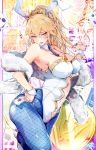  1girl animal_ears artist_name artoria_pendragon_(all) artoria_pendragon_(swimsuit_ruler)_(fate) bare_shoulders blonde_hair blue_legwear blue_neckwear breasts bunny_ears bunny_girl bunnysuit card cleavage dice fake_animal_ears fate/grand_order fate_(series) fishnet_pantyhose fishnets green_eyes hair_between_eyes highres large_breasts leotard long_hair looking_at_viewer navel navel_cutout necktie pantyhose playing_card sidelocks solo tomocha_(tmc_tmc8) tongue tongue_out wrist_cuffs 