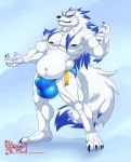  2019 4_toes 5_fingers angelo_(hungothenomster) anthro balls belly biceps biped black_nose blue_eyes bulge canid canine canis clothing eyebrows fingers fur hair hi_res hungothenomster male mammal multicolored_hair musclegut muscular muscular_male muscular_thighs pecs pose sky slightly_chubby smile solo standing tight_underwear toes underwear white_fur wolf 