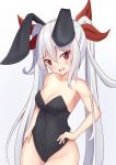  1girl animal_ears azur_lane bangs bare_legs bare_shoulders black_leotard blush breasts bunny_ears bunnysuit charite collarbone commentary_request cowboy_shot eyebrows_visible_through_hair fake_animal_ears fang grey_background hair_between_eyes hair_ribbon hand_on_hip head_tilt leotard long_hair looking_at_viewer medium_breasts navel open_mouth red_eyes red_ribbon ribbon sidelocks silver_hair simple_background skin_fang smile solo standing twintails vampire_(azur_lane) very_long_hair 