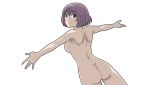  1girl amatani_mutsu ass back blue_eyes breasts colored_pencil_(medium) exhibitionism looking_at_viewer looking_back no_eyewear nude outstretched_arms purple_hair short_hair sideboob simple_background smile solo sounan_desuka? traditional_media watanabegenn white_background 