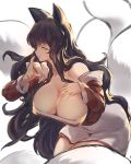  1girl ahri animal_ears bare_shoulders black_hair breasts chuuhiji_elc cleavage fox_ears fox_tail half-closed_eyes hand_on_own_chest highres korean_clothes league_of_legends long_hair long_sleeves simple_background smile solo tail whisker_markings white_background yellow_eyes 