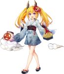  bag blonde_hair cloud corn flower full_body hair_flower hair_ornament horns japanese_clothes kimono looking_at_viewer open_mouth paper purple_eyes ramii_(sennen_sensou_aigis) sandals sennen_sensou_aigis smile standing taicho128 twintails wide_sleeves 