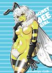  animal_humanoid antennae_(anatomy) arthropod arthropod_humanoid bee_humanoid biped blue_background breasts clothing english_text featureless_breasts female gloves hair handwear hi_res honey_bee_girl humanoid hymenopteran hymenopteran_humanoid insect insect_humanoid navel open_mouth pubes samanator_club simple_background solo text white_hair white_pubes white_pupils wings yellow_eyes yellow_skin 