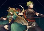  1boy 1girl achilles_(fate) ahoge animal_ears arm_strap armor atalanta_(fate) back-to-back blonde_hair boots breasts fate/apocrypha fate/grand_order fate_(series) gloves gradient_hair green_eyes green_hair highres holding holding_spear holding_weapon long_hair looking_at_viewer multicolored_hair nan_(nanyayyay) open_mouth pleated_skirt polearm puffy_short_sleeves puffy_sleeves short_sleeves skirt small_breasts spear thighhighs very_long_hair weapon yellow_eyes 