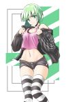  1girl breasts camisole chaesu crop_top earbuds earphones green_eyes green_hair jacket looking_at_viewer midriff navel off-shoulder_jacket off_shoulder phonon_(under_night_in-birth) short_hair short_shorts shorts small_breasts solo striped striped_legwear thigh_gap thighhighs track_jacket under_night_in-birth under_night_in-birth_exe:late[st] 