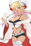  1girl :d absurdres armpits bare_shoulders belt black_bra black_shorts blonde_hair bra breasts cleavage collarbone commentary_request cowboy_shot crop_top dark_skin draph fangs fur_trim granblue_fantasy highleg highleg_panties highres horn_ornament horns kuvira_(granblue_fantasy) large_breasts long_hair long_sleeves looking_at_viewer midriff multicolored_hair navel off_shoulder open_mouth orange_eyes panties pink_hair pointy_ears short_shorts shorts sidelocks smile solo standing stomach tassel thighhighs thighs two-tone_hair underwear white_coat white_legwear wide_sleeves yooguretto 