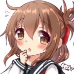  1girl anchor_symbol bangs black_sailor_collar blush brown_eyes brown_hair chestnut_mouth commentary_request eyebrows_visible_through_hair flying_sweatdrops folded_ponytail hair_between_eyes hand_up inazuma_(kantai_collection) kantai_collection long_hair long_sleeves nyano21 parted_lips sailor_collar school_uniform serafuku shirt signature simple_background sleeves_past_wrists solo upper_body white_background white_shirt 