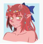  accessory blush clothed clothing collarbone demon female green_eyes hair hair_accessory hairclip horn horned_humanoid humanoid humanoid_pointy_ears looking_aside not_furry pink_skin red_hair samanator_club solo star teeth topless 