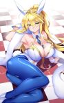  1girl animal_ears artoria_pendragon_(all) artoria_pendragon_(swimsuit_ruler)_(fate) ass bangs bare_shoulders between_breasts blonde_hair blue_legwear blue_neckwear blush braid breasts bunny_ears bunny_tail card checkered checkered_floor cleavage closed_mouth detached_collar fate/grand_order fate_(series) fishnet_pantyhose fishnets french_braid green_eyes hair_between_eyes highres large_breasts leotard long_hair looking_at_viewer navel navel_cutout necktie oohira_sunset pantyhose playing_card ponytail sidelocks smile solo tail thighs tiara white_leotard wrist_cuffs 