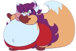  anthro belly big_belly bottomwear canid canine clothed clothing cute_fangs dlashka doughnut female food fox green_eyes hair huge_tail hyper hyper_belly inner_ear_fluff long_hair mammal navel obese obese_female open_mouth open_smile overweight overweight_female pants princecoffeecakes smile solo thick_thighs wide_hips 