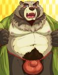  2019 anthro belly blue_eyes blush brown_fur bulge canid canine clothing fundoshi fur hi_res humanoid_hands japanese_clothing male mammal moobs navel overweight overweight_male pubes raccoon_dog raichoclub robe solo tanuki teeth tongue underwear undressing 