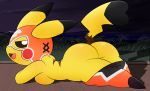  2019 anthro anthrofied big_butt breasts butt cleft_tail clothed clothing cosplay_pikachu_(character) cosplay_pikachu_(costume) female looking_back lying mammal mask nintendo nude open_mouth pants_down partially_clothed pikachu pikachu_libre pok&eacute;mon pok&eacute;mon_(species) presenting presenting_hindquarters short_stack smile solo thick_thighs tongue video_games wide_hips zinzoa 