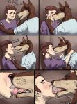  anthro blush bodily_fluids canid canine canis claws close-up clothed clothing drooling duo ear_piercing ear_ring french_kissing hi_res human interspecies kissing looking_at_another male male/male mammal piercing saliva saliva_string sepulte tongue tongue_out 