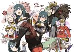 2girls ankle_boots artist_request blonde_hair blue_eyes blush boots breasts byleth_(fire_emblem) byleth_(fire_emblem)_(female) cape carrying chibi couple edelgard_von_hresvelg embarrassed fire_emblem fire_emblem:_three_houses gloves hair_ornament hair_ribbon horns long_hair monster multiple_girls navel older pantyhose red_legwear ribbon shorts simple_background smile spoilers uniform yuri 