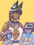  age_difference anubis blue_hair blue_skin blush breasts brown_hair collarbone dark_skin deity egyptian egyptian_mythology eyelashes female group hair hand_on_head hi_res humanoid inner_ear_fluff jewelry looking_aside middle_eastern_mythology mythology older_female ponytail red_eyes samanator_club simple_background size_difference small_breasts undead under_boob yellow_background younger_female zombie 