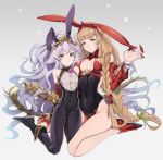  2girls animal_ears athena_(granblue_fantasy) blonde_hair boots bracelet braid breasts bunny_ears bunny_girl bunnysuit buttons choker crystal detached_sleeves eyebrows eyebrows_visible_through_hair feb_itk flat_chest fringe_trim gauntlets gloves granblue_fantasy hair_ornament hair_ribbon headband headgear jewelry kneeling lavender_eyes lavender_hair long_hair medium_breasts medusa_(shingeki_no_bahamut) monster_girl multiple_girls navel orange_eyes pantyhose pointy_ears ribbon shiny shiny_clothes skin_tight tail tiara very_long_hair 