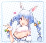  1girl animal_ear_fluff animal_ears armband bangs blue_hair braid breasts bunny_ears bunny_girl buttons carrot carrot_hair_ornament cleavage eyebrows eyebrows_visible_through_hair food_themed_hair_ornament hair_ornament heart highres hololive kutar22 long_braid long_hair medium_breasts multicolored_hair no_gloves one_eye_closed open_mouth red_eyes scarf solo symbol-shaped_pupils twin_braids two-tone_hair upper_teeth usada_pekora virtual_youtuber white_hair 