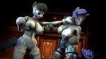  16:9 3d_(artwork) anthro big_breasts breasts clothed clothing digital_media_(artwork) equid fight friendship_is_magic garter_belt garter_straps hi_res horn isisazza mammal my_little_pony octavia_(mlp) panties rarity_(mlp) topless underwear unicorn 