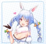  1girl animal_ear_fluff animal_ears armband bangs black_gloves blue_hair braid breasts bunny_ears bunny_girl buttons carrot carrot_hair_ornament cleavage eyebrows eyebrows_visible_through_hair food_themed_hair_ornament gloves hair_ornament heart highres hololive kutar22 long_braid long_hair medium_breasts multicolored_hair one_eye_closed open_mouth red_eyes scarf solo symbol-shaped_pupils twin_braids two-tone_hair upper_teeth usada_pekora virtual_youtuber white_hair 