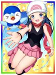  1girl :d absurdres bare_arms bare_shoulders beanie blue_eyes blue_hair boots border bracelet dawn_(pokemon) full_body hat highres holding holding_poke_ball jewelry knee_boots kneehighs legs_together long_hair looking_at_viewer miniskirt multicolored_background open_mouth outstretched_arm outstretched_hand pink_scarf pink_skirt piplup poke_ball poke_ball_(basic) poke_ball_print pokemon pokemon_(creature) pokemon_(game) pokemon_dppt scarf shirt skirt sleeveless sleeveless_shirt smile solo thighs toukan white_border white_headwear wristband 
