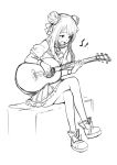  1girl :d bangs blush boots copyright_request crossed_legs double_bun eighth_note eyebrows_visible_through_hair full_body greyscale guitar holding holding_instrument instrument long_hair looking_away looking_down monochrome music musical_note open_mouth playing_instrument pleated_skirt puffy_short_sleeves puffy_sleeves saiste shirt short_sleeves simple_background sitting sketch skirt smile solo vest white_background wristband 