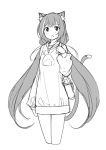  1girl :o animal_ear_fluff animal_ears bag bangs blush cat_ears cat_girl cat_tail copyright_request cropped_legs dress eyebrows_visible_through_hair fang greyscale hand_up long_hair long_sleeves low_twintails monochrome multicolored_hair open_mouth puffy_long_sleeves puffy_sleeves saiste short_dress shoulder_bag simple_background sketch solo streaked_hair tail twintails very_long_hair white_background 
