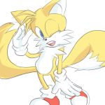 1:1 2_tails anthro blue_eyes clothing cub footwear fur gesture gloves handwear male miles_prower multi_tail one_eye_closed open_mouth salute shoes simple_background solo sonic_(series) standing white_background white_fur wink yellow_fur young なし 