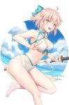  1girl ahoge artist_name bangs bare_shoulders beach bikini bow breasts collarbone commentary_request day eyebrows_visible_through_hair fate/grand_order fate_(series) green_ribbon hair_bow highres holding holding_sword holding_weapon katana looking_at_viewer navel okita_souji_(fate)_(all) okita_souji_(swimsuit_assassin)_(fate) ribbon short_hair skyrail smile solo swimsuit sword w weapon white_bikini 