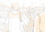  1boy 2girls bag coat crop_top finger_to_chin hair_ornament hatsune_miku indoors kaito meiko monochrome multiple_girls nokuhashi over_shoulder pushing_cart scarf shelf shop shopping shopping_cart sketch skirt standing thinking twintails vocaloid 