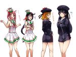  4girls ;d akebono_(kantai_collection) anchor_necklace anger_vein animal animal_on_head arms_behind_back bandaid bandaid_on_face bare_shoulders bell black_hair blush breasts brown_eyes brown_hair cosplay cowboy_shot crab diagonal-striped_neckwear dress flower hair_bell hair_bobbles hair_flower hair_ornament hat jingle_bell kamezou_(kame-zo) kantai_collection large_breasts long_hair looking_at_viewer maestrale_(kantai_collection) maestrale_(kantai_collection)_(cosplay) medium_breasts mini_hat multiple_girls oboro_(kantai_collection) on_head one_eye_closed open_mouth pink_eyes pink_hair purple_eyes purple_hair sailor_collar sailor_dress sailor_hat sazanami_(kantai_collection) short_hair side_ponytail sideboob simple_background sleeveless sleeveless_dress smile twintails ushio_(kantai_collection) very_long_hair white_background z1_leberecht_maass_(kantai_collection) z1_leberecht_maass_(kantai_collection)_(cosplay) 