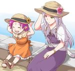  2girls alternate_costume bracelet closed_eyes closed_mouth dress facial_mark fae_(fire_emblem) fire_emblem fire_emblem:_the_binding_blade flower forehead_mark green_eyes hat hat_flower heterochromia idunn_(fire_emblem) jewelry ksw_f_m_d long_hair manakete multiple_girls open_mouth pointy_ears purple_hair red_eyes sandals short_hair sitting straw_hat 