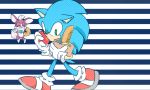  5:3 anthro bag blue_fur bread chip_(sonic) clothing duo eating eulipotyphlan food footwear fur gloves green_eyes handwear hedgehog holding_object male mammal paper_bag pattern_background red_fur shoes simple_background sonic_(series) sonic_the_hedgehog sonic_unleashed striped_background walking white_fur なし 