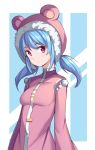  1girl :/ animal_ears animal_hood bangs bear_ears bear_hood blue_hair blush breasts closed_mouth detached_hood eyebrows_visible_through_hair fake_animal_ears fur-trimmed_hood fur_trim hood hood_up jacket long_hair long_sleeves looking_at_viewer low_twintails nixie_(rabi_ribi) official_art pink_jacket pom_pom_(clothes) rabi-ribi red_eyes saiste simple_background small_breasts solo twintails 