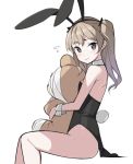  1girl animal_ears bandaged_head bandaged_leg bandages bangs bare_shoulders black_hairband black_leotard blush boko_(girls_und_panzer) breasts brown_eyes brown_hair bunny_ears bunny_girl bunny_tail bunnysuit choker eyebrows_visible_through_hair fake_animal_ears flying_sweatdrops girls_und_panzer hairband leotard long_hair looking_at_viewer looking_to_the_side one_side_up saiste shimada_arisu simple_background sitting small_breasts solo stuffed_animal stuffed_toy tail teddy_bear white_background white_choker wrist_cuffs 