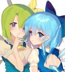  2girls ainy77 back_cutout blue_bow blue_dress blue_eyes blue_hair blush bow breasts cirno daiyousei dress fairy_wings from_behind green_hair hair_bow hand_up ice ice_wings looking_at_viewer looking_back medium_breasts multiple_girls necktie parted_lips pinafore_dress shirt short_hair simple_background touhou upper_body white_background white_shirt wings work_in_progress yellow_bow yellow_neckwear 