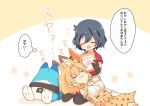  2girls :3 animal_ear_fluff animal_ears bare_shoulders black_gloves black_hair blonde_hair blush book bow bowtie closed_eyes commentary_request elbow_gloves extra_ears eyebrows_visible_through_hair gloves high-waist_skirt kaban_(kemono_friends) kemono_friends lap_pillow life_neko72 lucky_beast_(kemono_friends) multiple_girls no_hat no_headwear open_mouth pantyhose print_gloves print_neckwear print_skirt reading red_shirt seiza serval_(kemono_friends) serval_ears serval_print shirt short_hair short_sleeves shorts sitting skirt sleeping sleeveless speech_bubble t-shirt thought_bubble translation_request zzz 