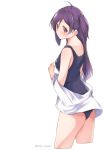  1girl absurdres ahoge alternate_costume breasts commentary_request from_side hagikaze_(kantai_collection) highres kantai_collection long_hair looking_at_viewer medium_breasts one_side_up purple_eyes purple_hair school_swimsuit simple_background solo sweater swimsuit twitter_username uut white_background white_sweater 