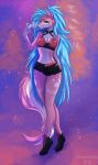  2018 anthro blue_eyes blue_hair blue_nose bottomwear bra breasts canid canine canis cellphone choker clothing female footwear hair hand_on_hip hi_res holding_cellphone jewelry kelsey_(sleepyhelen) mammal navel necklace pants phone shoes sleepyhelen solo standing underwear wolf 