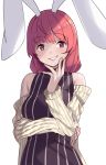  1girl animal_ears bangs bare_shoulders black_dress blush brown_jacket bunny_ears copyright_request dress eyebrows_visible_through_hair hand_up highres jacket long_hair long_sleeves looking_at_viewer off_shoulder open_clothes open_jacket parted_lips red_eyes red_hair saiste simple_background sleeveless sleeveless_dress smile solo striped upper_body vertical-striped_dress vertical_stripes white_background 
