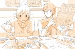  2boys blush bowl chopsticks coat cup food fruit grill holding holding_menu indoors kagamine_len kaito leaning_forward male_focus meat menu monochrome mouth_drool multiple_boys nokuhashi picture_(object) pig plate restaurant seat short_hair sitting sketch smile sparkle steam strawberry tongs vocaloid yakiniku 