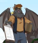  2019 5_fingers anthro chiropteran clothed clothing day detailed_background digital_media_(artwork) ear_piercing ear_ring eyebrows fingers green_eyes hi_res hybrid kittydee male mammal membrane_(anatomy) membranous_wings outside piercing sky solo standing wings 