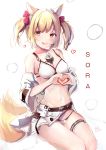  1girl :d absurdres afterimage animal_ear_fluff animal_ears arknights artist_name bangs bare_shoulders belt bikini bikini_under_clothes blonde_hair blush bow breasts brown_belt character_name cleavage collarbone commentary_request dated eyebrows_visible_through_hair food food_between_breasts fox_ears fox_girl fox_tail hair_bow heart heart_hands highres ice_cream ice_cream_cone jacket long_sleeves looking_at_viewer medium_breasts navel off_shoulder open_clothes open_jacket open_mouth red_bow red_eyes seiza simple_background sitting smile soft_serve solo sora_(arknights) swimsuit tail tail_wagging twintails white_background white_bikini white_jacket wide_sleeves yue_(qtxyjiang) 