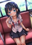  1girl bangs black_hair black_skirt blue_eyes blurry blurry_background blush bow bow_bra bra breasts cleavage collarbone commentary_request day depth_of_field dress_shirt dutch_angle eyebrows_visible_through_hair hand_up highres itakurakou1993 long_hair looking_at_viewer medium_breasts open_clothes open_shirt original parted_lips pink_bra pleated_skirt red_neckwear sailor_collar school_uniform serafuku shirt short_sleeves sitting skirt solo summer sweat underwear white_sailor_collar white_shirt 
