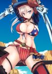  1girl american_flag_bikini asymmetrical_hair bangs bikini blonde_hair blue_eyes breasts brown_gloves cleavage dual_wielding fate/grand_order fate_(series) flag_print gloves gunblade highres holding katana large_breasts long_hair looking_at_viewer midriff miyamoto_musashi_(fate/grand_order) miyamoto_musashi_(swimsuit_berserker)_(fate) navel solo swept_bangs swimsuit sword tokihama_jirou weapon 