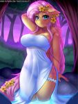  2019 anthro anthrofied blush breasts clothing detailed_background dress equid equine female fluttershy_(mlp) friendship_is_magic front_view hi_res mammal my_little_pony pterippus solo standing twistedscarlett60 wings 