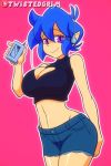  2018 2d_animation animated big_breasts blue_hair breasts cleavage clothed clothing dancing elf emi_(character) female frame_by_frame hair headphones humanoid humanoid_pointy_ears not_furry portable_music_player smile topwear twistedgrimtv 