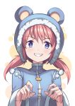  1girl :d animal_ears animal_hood bangs bear_ears bear_hood blue_eyes blue_jacket detached_hood eyebrows_visible_through_hair fake_animal_ears fang fur-trimmed_hood fur_trim grin hair_between_eyes hands_up hood hood_up jacket long_hair long_sleeves looking_at_viewer low_twintails nieve_(rabi_ribi) official_art open_mouth pom_pom_(clothes) rabi-ribi red_hair saiste simple_background smile solo twintails upper_body v-shaped_eyebrows wide_sleeves 